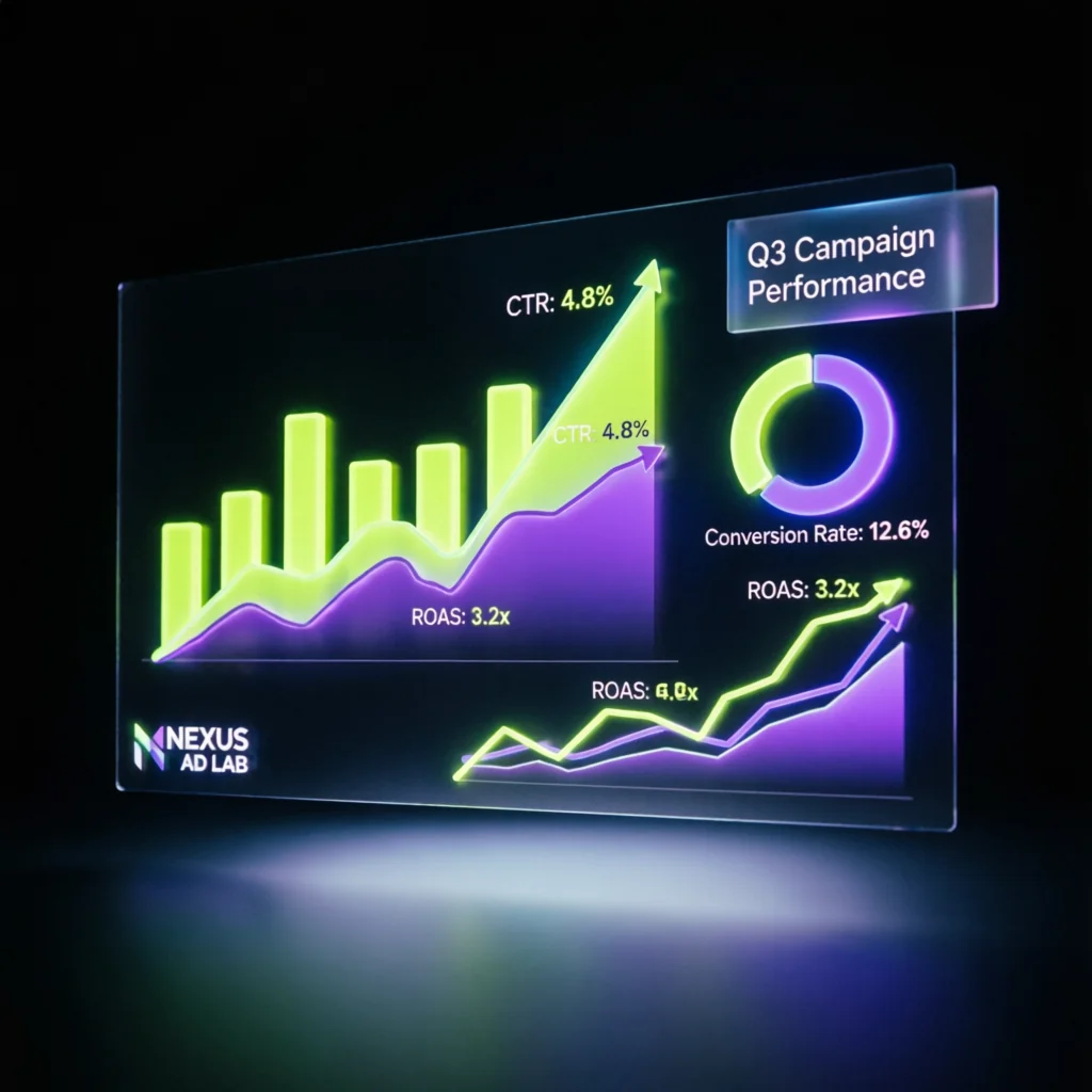 Panel de campañas de marketing digital con métricas en crecimiento